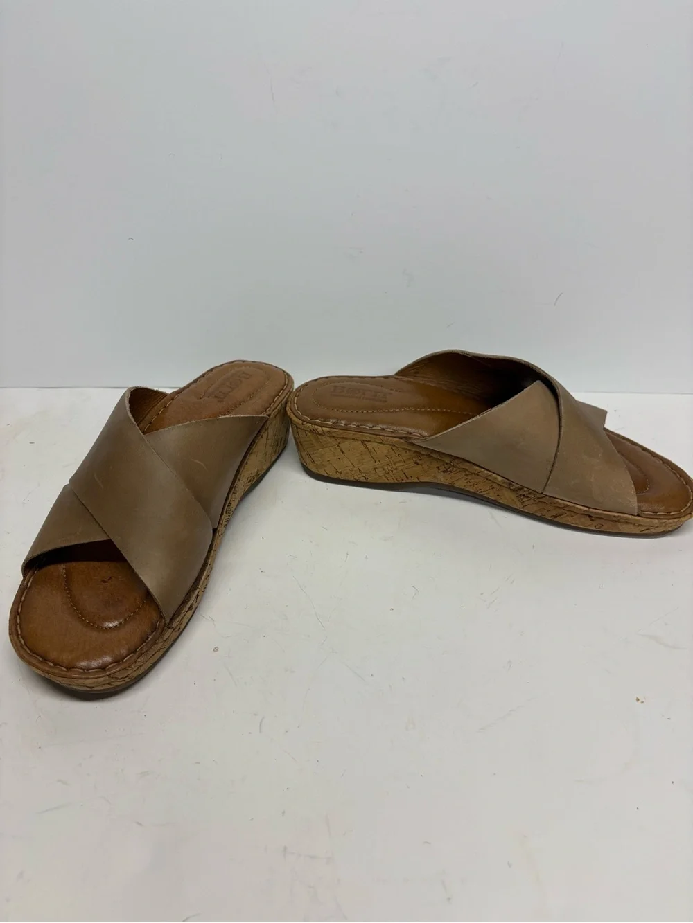 Born Women's Tan Cork Wedge Slide Sandals Leather Size 8